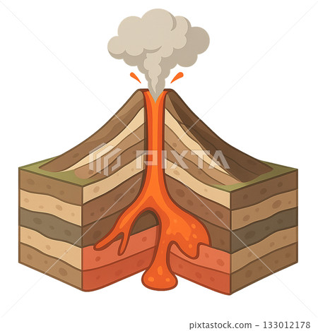 解釋火山橫斷面結構和岩漿流動的圖表,火山橫斷面插圖,顯示噴發機制,以及岩石層和岩漿池。 解釋火山橫斷面結構和岩漿流動的圖表,火山橫斷面插圖,顯示噴發機制,以及岩石層和岩漿池。 133012178