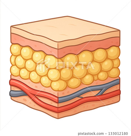 A cross-sectional diagram clearly showing the structure of subcutaneous fat and blood vessels, an illustration of the human body depicting the fat layer and blood vessel structure under the skin, 133012180