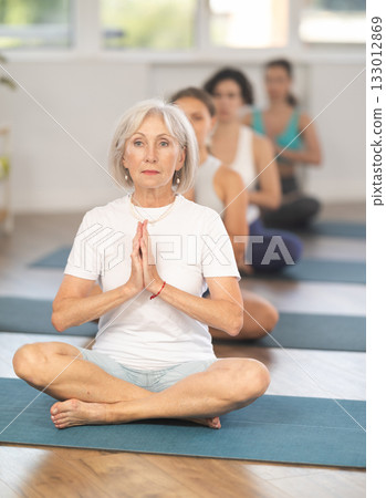 Elderly woman doing yoga in group in studio Elderly woman doing yoga in group in studio 133012869
