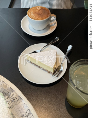A delectable slice of cake with rich layers of cream and frosting, topped with fresh fruit or sprinkles. Perfect for dessert photography, showcasing indulgence and sweetness in food-related projects. 133013234