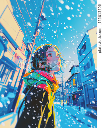 Profile of a woman looking up at the snowy sky 133013306