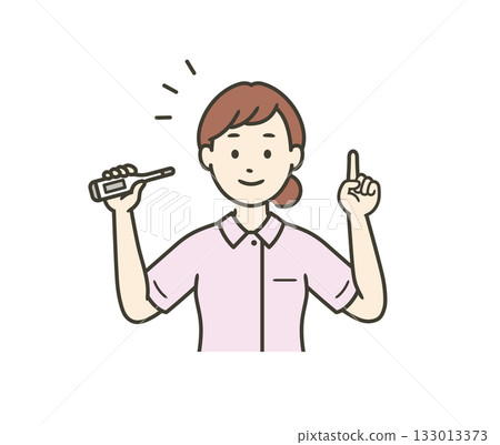 Upper body illustration of a female nurse or medical worker holding a thermometer and explaining 133013373