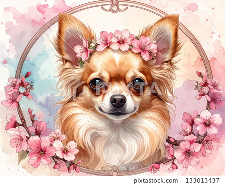 春日里，一隻吉娃娃戴著櫻花花冠，構成了一幅美麗的肖像。 133013437