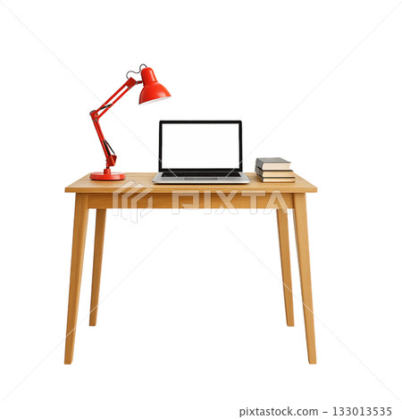 the desk with a computer, wooden table and a table 133013535