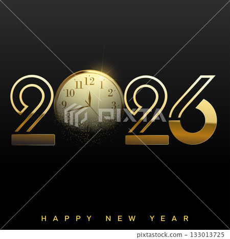 Luxury Happy New Year 2026 with stylized golden clock logo. Vector 133013725