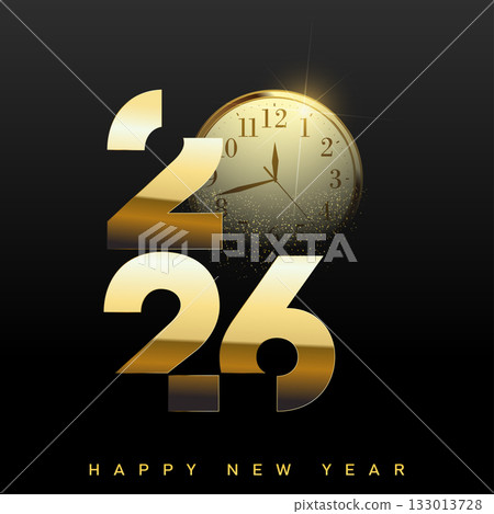 Luxury Happy New Year 2026 with stylized golden clock logo. Vector 133013728