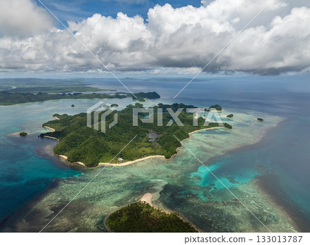 Green forest coastline with sandy beach and shallow reef near blue open sea. Siargao, Philippines. Sugba Blue Lagoon. 133013787