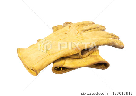 Yellow work gloves Dirty Old isolated on white background 133013915
