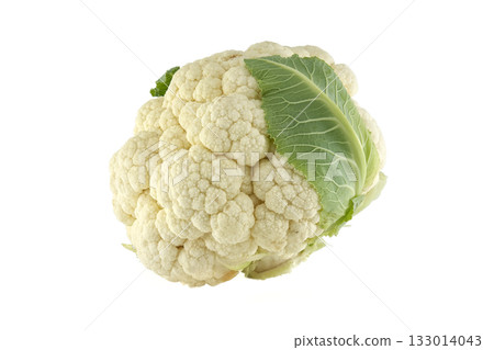 Fresh White Cauliflower Head With Green Leaves Isolated On White Background For Cooking And Health Fresh White Cauliflower Head With Green Leaves Isolated On White Background For Cooking And Health 133014043