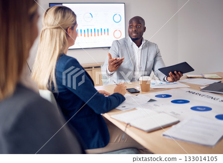 Planning, presentation and people with business growth meeting, corporate charts or graph and data analysis of profit revenue. Professional black man, boss or manager speaking to employees or clients Planning, presentation and people with business growth meeting, corporate charts or graph and data analysis of profit revenue. Professional black man, boss or manager speaking to employees or clients 133014105