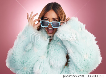 Fashion, beauty and smile with portrait of woman in studio for glamour, elegant and style. Happy, natural and confident with female with coat on pink background for classy, trendy and winter 133014149