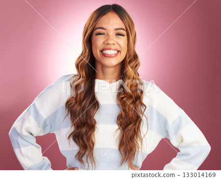 Happy, woman and portrait in a studio with makeup, casual fashion and excited smile. Isolated, pink background and cosmetics glow of a gen z, young and female model with happiness while smiling Happy, woman and portrait in a studio with makeup, casual fashion and excited smile. Isolated, pink background and cosmetics glow of a gen z, young and female model with happiness while smiling 133014169