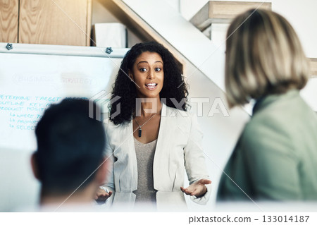 Presentation meeting, speaker and business woman talking, planning and giving proposal, report or strategy plan. Project management, communication and biracial manager with sales pitch ideas Presentation meeting, speaker and business woman talking, planning and giving proposal, report or strategy plan. Project management, communication and biracial manager with sales pitch ideas 133014187
