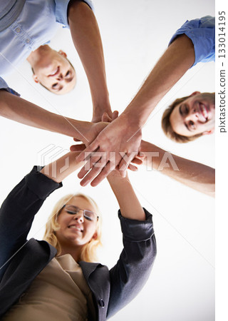 Portrait, happy people and hands stack below in support, huddle and target of success, business goals or trust. Motivation, hand and group collaboration of teamwork, celebrate achievement and winning 133014195