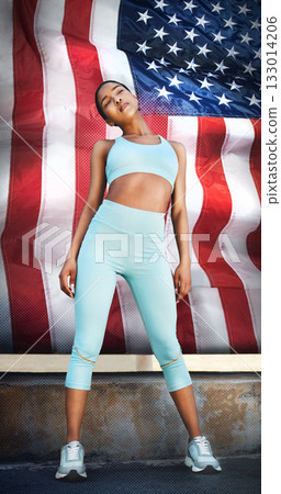 USA, fitness and woman training for sports, race or marathon for the country. Ready, standing and a runner with a flag for running, motivation to win and competition for sport, sprinting or cardio 133014206