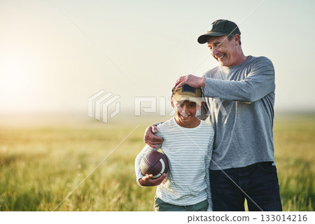 Father, kid smile and rugby ball in a countryside field for bonding and fun in nature. Mockup, dad and young child together with happiness ready to start game outdoor on grass at farm with space 133014216