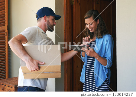 Woman, delivery man and box with tablet for ecommerce order, parcel or cargo in transport service. Female person receiving shipment from male courier, supply chain or online purchase at front door Woman, delivery man and box with tablet for ecommerce order, parcel or cargo in transport service. Female person receiving shipment from male courier, supply chain or online purchase at front door 133014257
