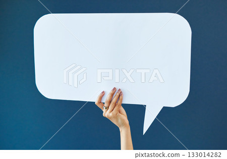 Hand, speech bubble and woman in studio with banner, news or announcement on blue background. Mockup, poster and girl fingers with billboard for social media, advertising or opinion, vote or space Hand, speech bubble and woman in studio with banner, news or announcement on blue background. Mockup, poster and girl fingers with billboard for social media, advertising or opinion, vote or space 133014282