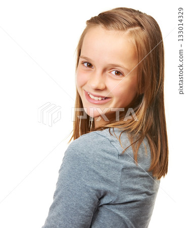 Portrait, smile and beautiful or happy teenage girl for fashion or carefree and standing against a white background. Style, face and smile or child model or confident youth and isolated in studio 133014329