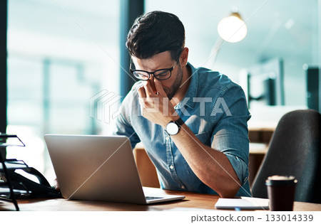 Eye pain, headache and business man at laptop with anxiety, mental health problem and brain fog. Tired, frustrated and stress of worker at computer with fatigue, burnout and crisis of mistake online Eye pain, headache and business man at laptop with anxiety, mental health problem and brain fog. Tired, frustrated and stress of worker at computer with fatigue, burnout and crisis of mistake online 133014339