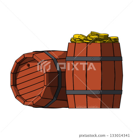 Wooden Old Vintage Barrel with Metal Bands filled by Gold Coins. Vector Illustration. Wooden Old Vintage Barrel with Metal Bands filled by Gold Coins. Vector Illustration. 133014341