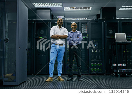 Happy, men or portrait of engineers in server room for online cyber security glitch or hardware. IT support team, black man or friendly African technicians fixing network for information technology Happy, men or portrait of engineers in server room for online cyber security glitch or hardware. IT support team, black man or friendly African technicians fixing network for information technology 133014346