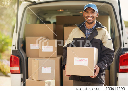 Shipping, delivery and box with portrait of man by van for courier, logistics and supplier. Ecommerce, export and distribution with male postman in vehicle for mail, package and cargo shipment Shipping, delivery and box with portrait of man by van for courier, logistics and supplier. Ecommerce, export and distribution with male postman in vehicle for mail, package and cargo shipment 133014393
