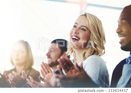 Applause, success and seminar with business woman for support, teamwork and event celebration. Wow, winner and target with audience clapping in meeting for goal, motivation and agreement Applause, success and seminar with business woman for support, teamwork and event celebration. Wow, winner and target with audience clapping in meeting for goal, motivation and agreement 133014437