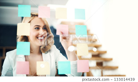 Happy business woman, brainstorming and sticky note for planning target, goals and agenda at glass window. Face of female worker smile for schedule, ideas and mindmap of vision, objectives and mockup Happy business woman, brainstorming and sticky note for planning target, goals and agenda at glass window. Face of female worker smile for schedule, ideas and mindmap of vision, objectives and mockup 133014439