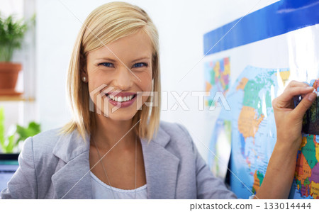Map pin, travel agency portrait and happy woman working on vacation ideas, holiday location or planning world tour. Tourism industry, recommendation and office person smile for route journey plan Map pin, travel agency portrait and happy woman working on vacation ideas, holiday location or planning world tour. Tourism industry, recommendation and office person smile for route journey plan 133014444