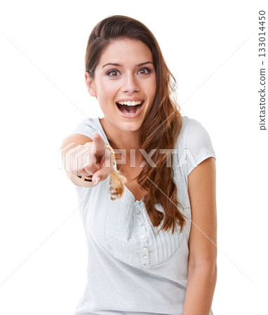 Laugh, bullying and woman pointing in studio isolated on white background for humor, shame and mock. Body language, mean and portrait of girl point finger for comedy, reaction and laughing at joke Laugh, bullying and woman pointing in studio isolated on white background for humor, shame and mock. Body language, mean and portrait of girl point finger for comedy, reaction and laughing at joke 133014450