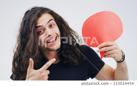 Man, speech bubble and point in studio portrait with smile, opinion or social media by white background. Gen z guy, poster or paper sign for vote, review and mockup with promo for ideas, news or chat Man, speech bubble and point in studio portrait with smile, opinion or social media by white background. Gen z guy, poster or paper sign for vote, review and mockup with promo for ideas, news or chat 133014454