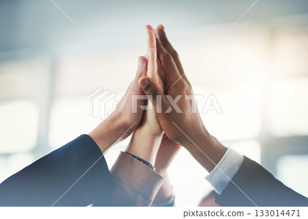 Business people, closeup high five and group for teamwork, support or mission for goal in insurance company. Team building, hands and connection with synergy, solidarity or collaboration in workplace Business people, closeup high five and group for teamwork, support or mission for goal in insurance company. Team building, hands and connection with synergy, solidarity or collaboration in workplace 133014471