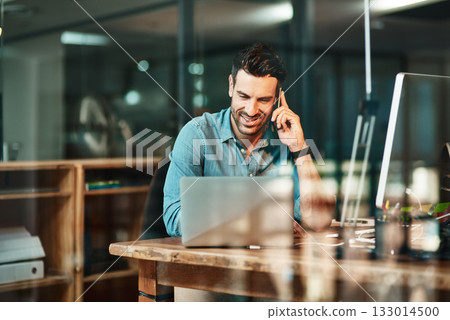 Happy business man, phone call and laptop in office for conversation, communication and contact for planning. Male worker talking on cellphone at computer for mobile networking, consulting and hello Happy business man, phone call and laptop in office for conversation, communication and contact for planning. Male worker talking on cellphone at computer for mobile networking, consulting and hello 133014500