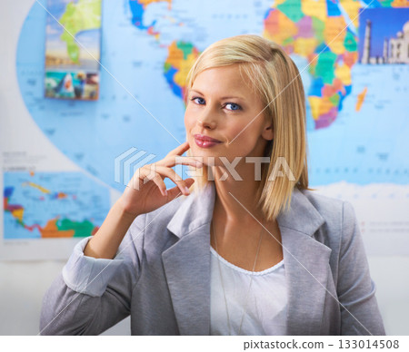 Travel agency portrait, confidence and happy woman, business agent or consultant working on planning global tour. Tourism industry, world map and office person smile for route journey plan 133014508