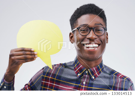 Happy black man, portrait and speech bubble for social media, question or FAQ against a white studio background. Excited African male person with smile or sign in comment, message or mockup space 133014513