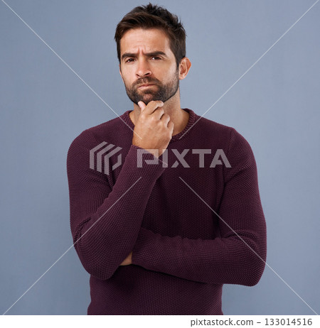 Thinking, confused and portrait of man in studio with unsure, uncertain and thoughtful on gray background. Doubt, mockup space and face of male person skeptical for decision, choice and question Thinking, confused and portrait of man in studio with unsure, uncertain and thoughtful on gray background. Doubt, mockup space and face of male person skeptical for decision, choice and question 133014516