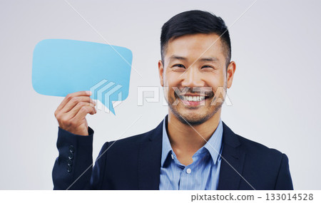 Happy asian man, portrait and speech bubble for social media, question or FAQ with smile against a white studio background. Excited male person smiling with sign for comment, message or mockup space Happy asian man, portrait and speech bubble for social media, question or FAQ with smile against a white studio background. Excited male person smiling with sign for comment, message or mockup space 133014528
