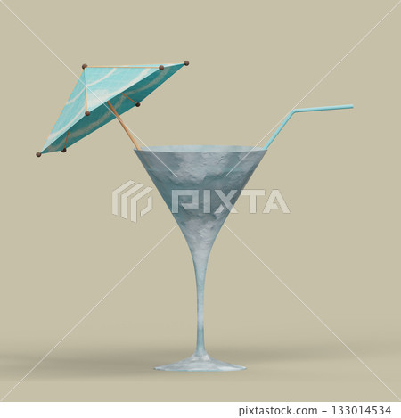 Cocktail Wine Glass with Straw and Umbrella Covered by Snow and Ice. 3D Illustration. File with Clipping Path. 133014534