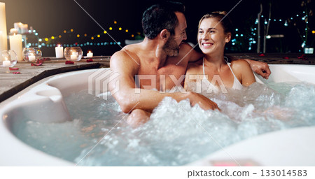 Love, relax and couple in a hot tub, night and holiday for a break, bonding and happiness. Partners, mature man and woman in a pool, vacation and loving together with fun, relationship and marriage 133014583
