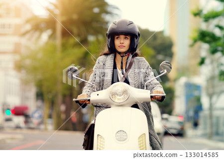 Woman, motorbike and transport in city, road or thinking with helmet, journey or travel in summer sunshine. Girl, motorcycle and outdoor in metro for transportation, vacation or freedom on street Woman, motorbike and transport in city, road or thinking with helmet, journey or travel in summer sunshine. Girl, motorcycle and outdoor in metro for transportation, vacation or freedom on street 133014585