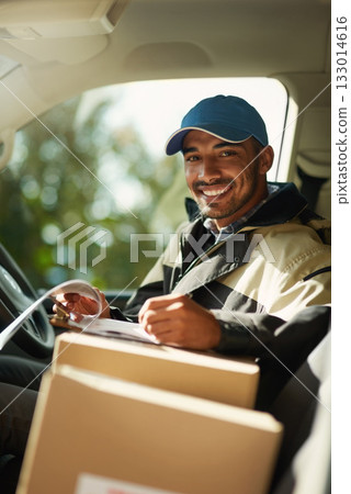 Writing, delivery and checklist with portrait of man in van for courier, logistics and shipping. Ecommerce, export and distribution with male postman in vehicle for mail, package and cargo shipment 133014616