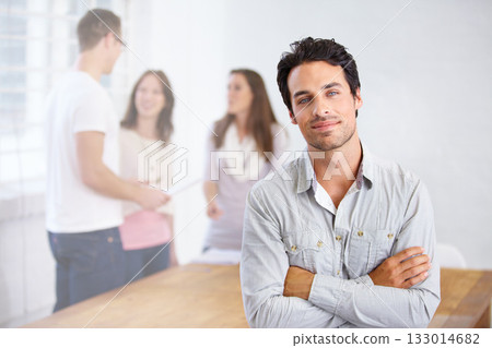 Portrait, serious and business man with arms crossed in office, workplace or company. Face, confident and male professional, entrepreneur or person with pride for career, job and success mindset Portrait, serious and business man with arms crossed in office, workplace or company. Face, confident and male professional, entrepreneur or person with pride for career, job and success mindset 133014682