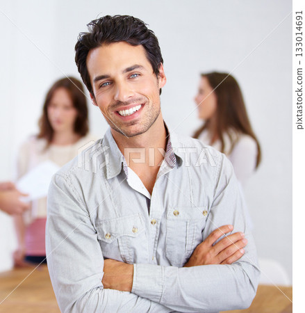 Portrait, smile and business man with arms crossed in office, workplace or company. Face, confidence and happy male professional, entrepreneur or person with pride for career, job and success mindset 133014691