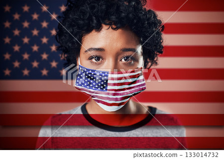American, flag and face mask on woman activist proud and confident in her country during covid looking serious. Head, eyes and young female volunteer serious, focus and protection from corona 133014732