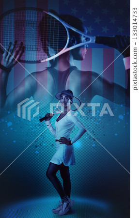 Tennis, flag and usa with a sports woman in studio standing against an overlay background as a patriot. Fitness, health and america with a young female athlete posing hand on hip holding her racket Tennis, flag and usa with a sports woman in studio standing against an overlay background as a patriot. Fitness, health and america with a young female athlete posing hand on hip holding her racket 133014733