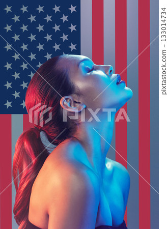 American, flag and background with woman beauty, self care and skincare isolated in USA empowerment theme. Activist, skin and young natural female volunteer or wellness model closed eyes American, flag and background with woman beauty, self care and skincare isolated in USA empowerment theme. Activist, skin and young natural female volunteer or wellness model closed eyes 133014734