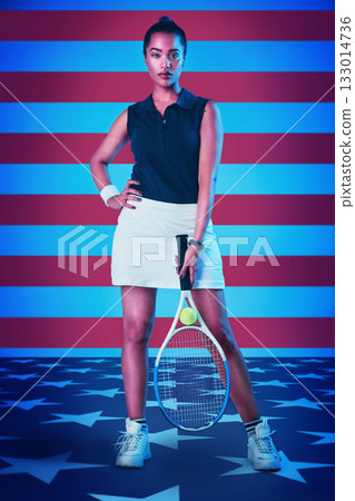 Portrait, tennis and woman with American flag, fitness and training for wellness, balance and healthy lifestyle. Face, female player and athlete with racket, USA and lady with confidence and patriot 133014736