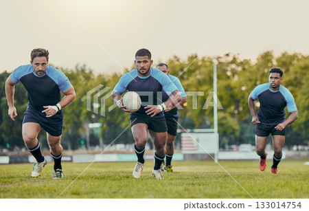 Rugby, team and men training, playing on grass field and exercise for healthy lifestyle, balance and wellness. Male players, athletes and guys outdoor, competition and match for fitness and practice 133014754