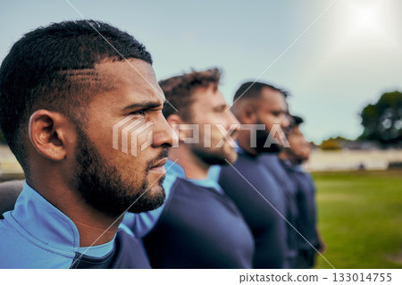 Rugby, sports and teamwork with men on field for training practice, fitness and challenge. Serious, power and performance with group of athletes for exercise goals, solidarity and commitment 133014755